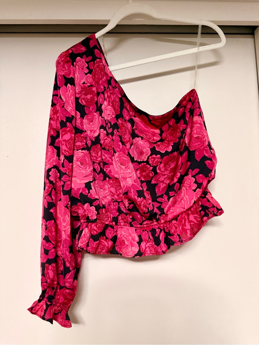 Lush One-Shoulder Hot Pink Floral Blouse